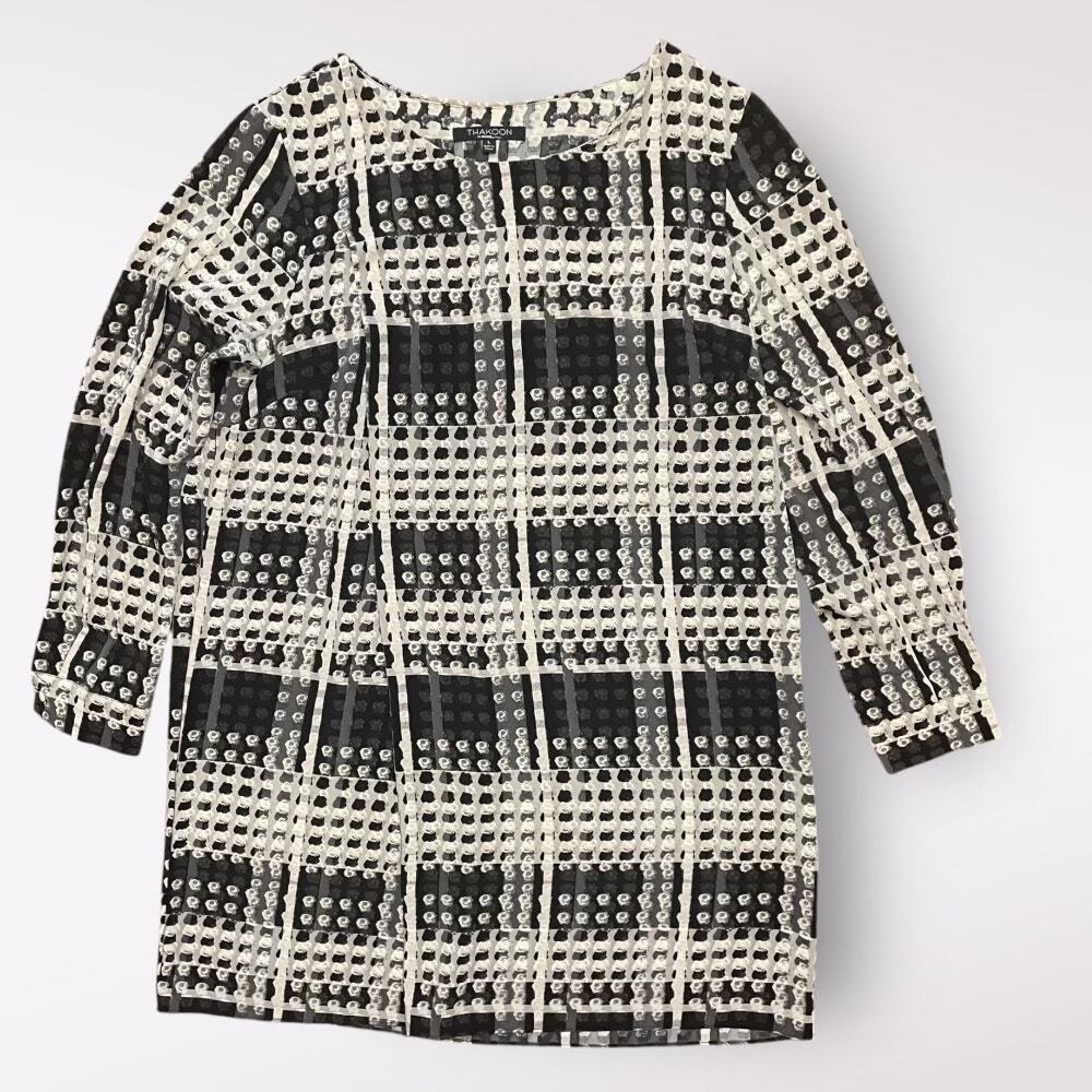 Thakoon Design Nation Long Sleeve Mini Shift Dress Size Large Black‎ White Fall
